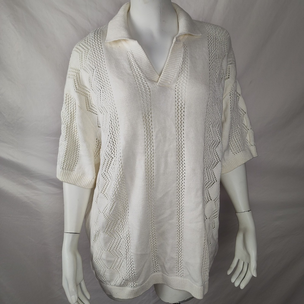 H&M Large pointelle knit polo shirt Y2K preppy school short sleeve country club